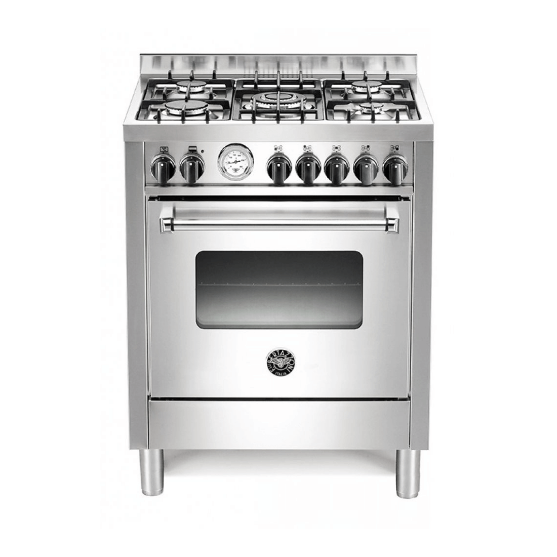 Fogão Bertazzoni Master 5 bocas em inox, forno elétrico de 60L, queimadores Sabaf e design moderno.